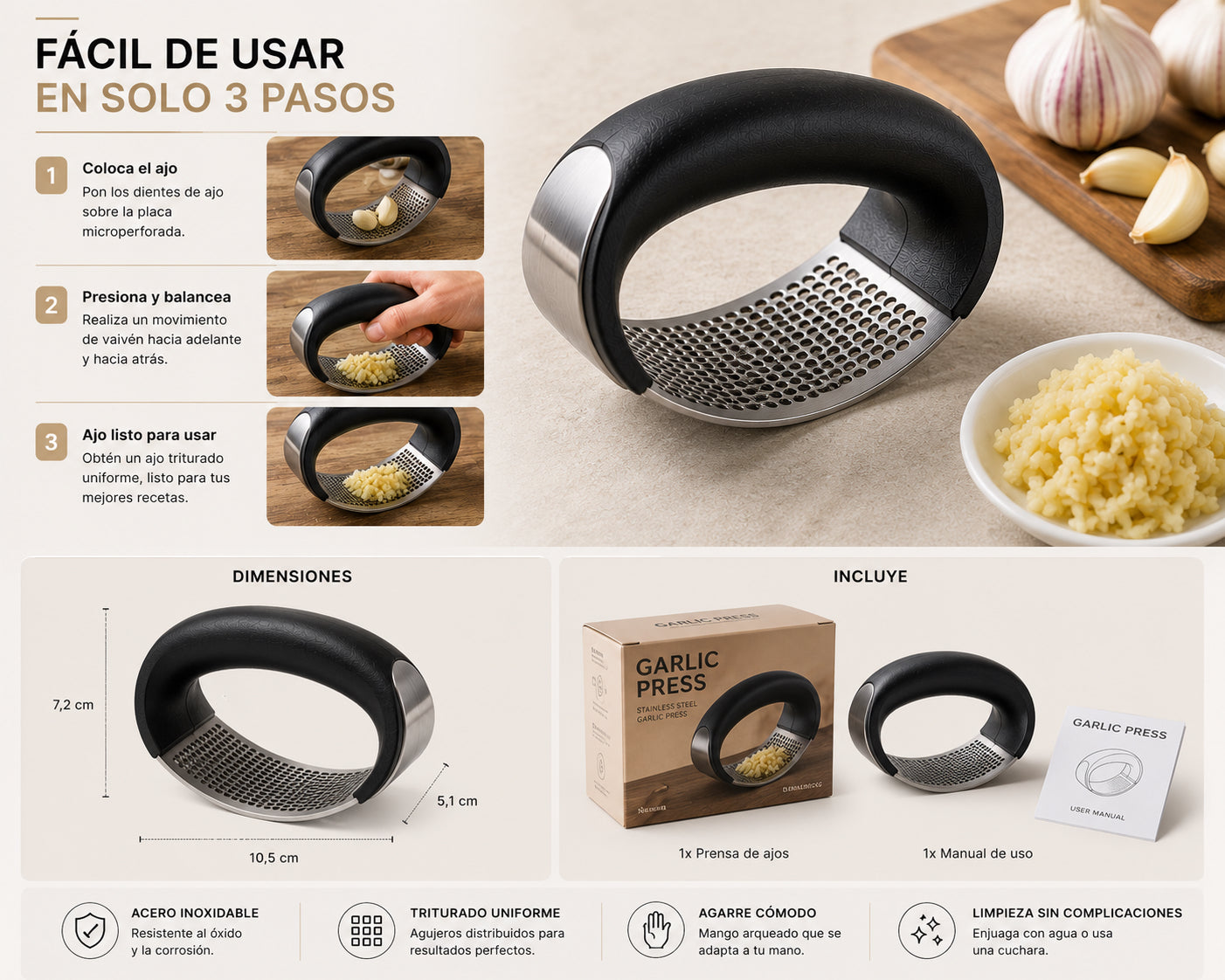 Prensa Ajos Acero Inoxidable